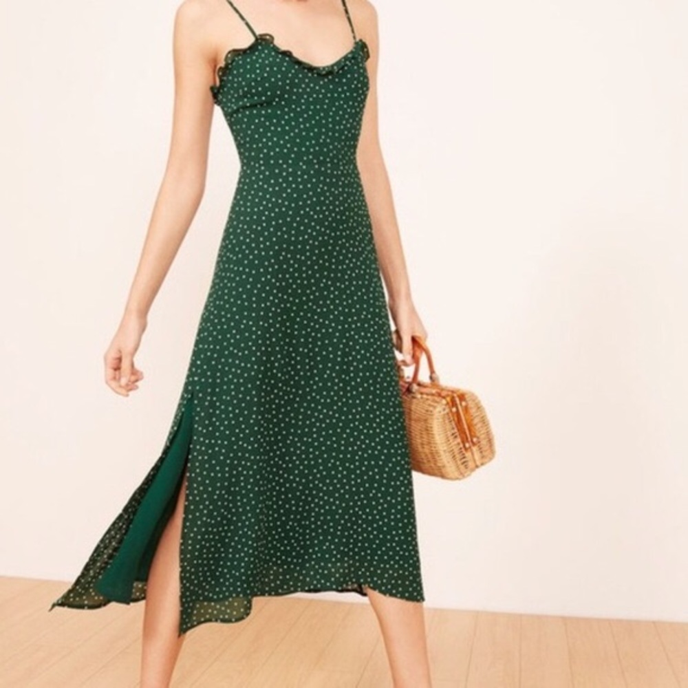 Reformation Cassandra green midi dress